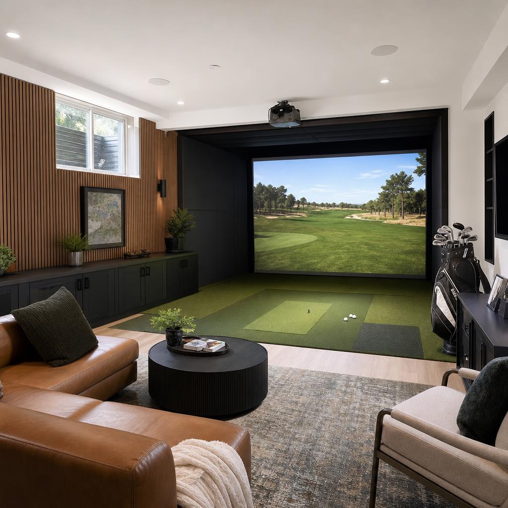Daylight basement golf simulator room with a hitting bay and seating