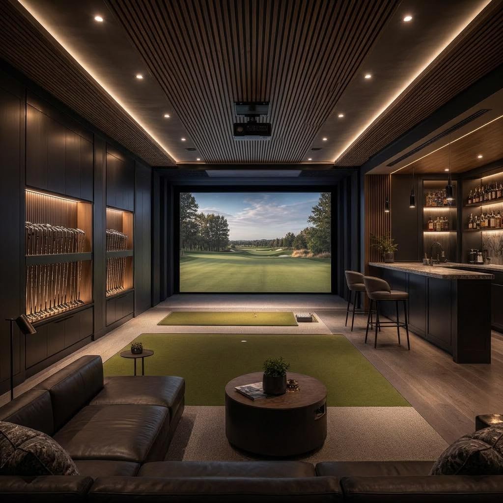 Illustrative golf simulator room concept with club storage, entertainment bar, acoustic treatments, and lounge seating