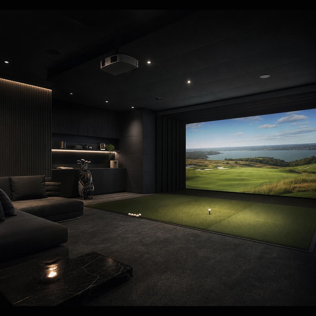 Dark golf simulator performance room with a large screen