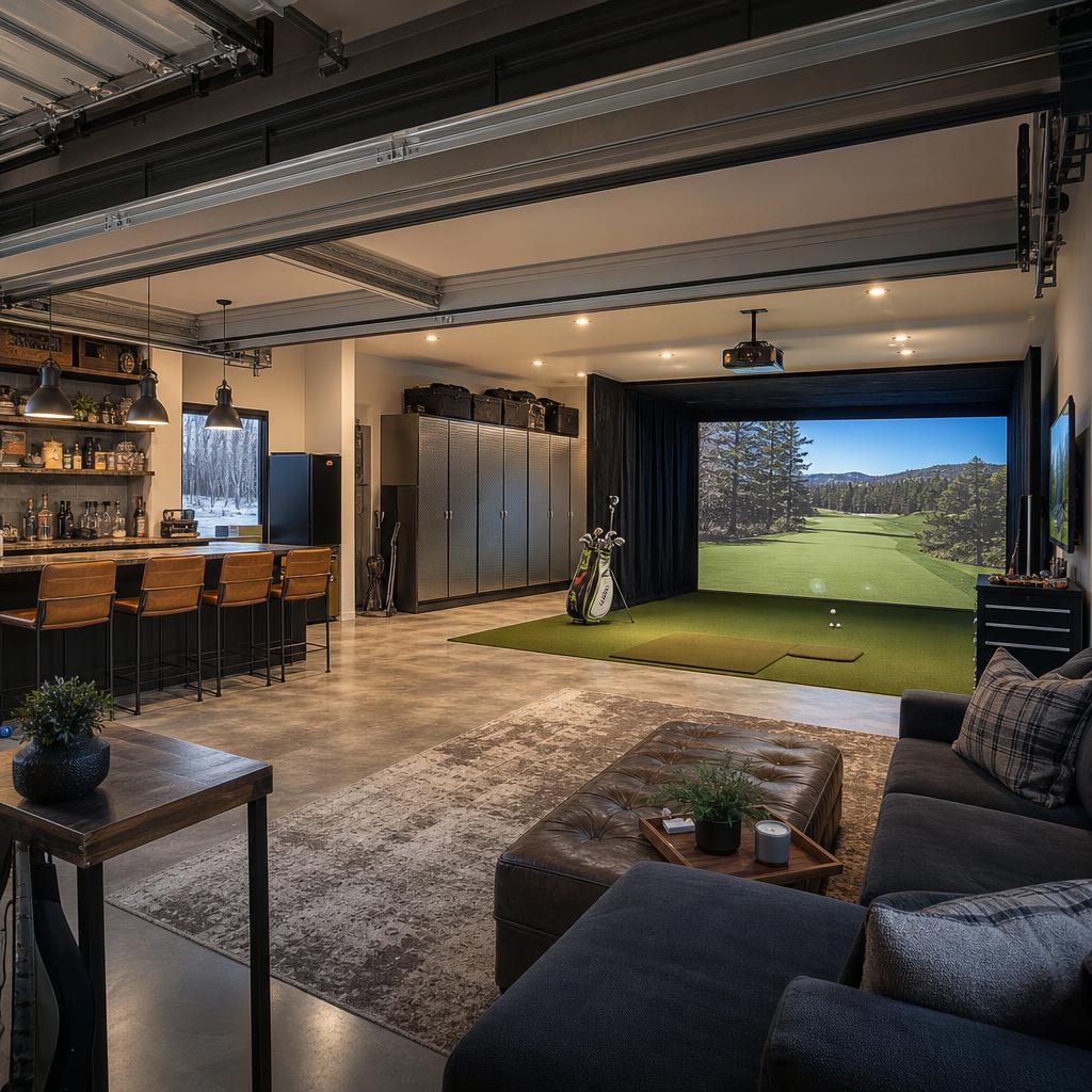 Garage conversion with a golf simulator and warm architectural lighting