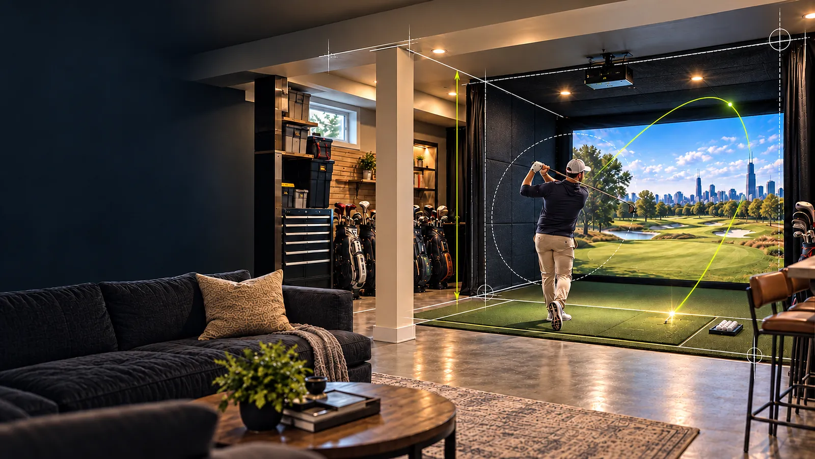 Design concept: basement golf simulator room with a golfer mid-swing and a ball-flight tracer.