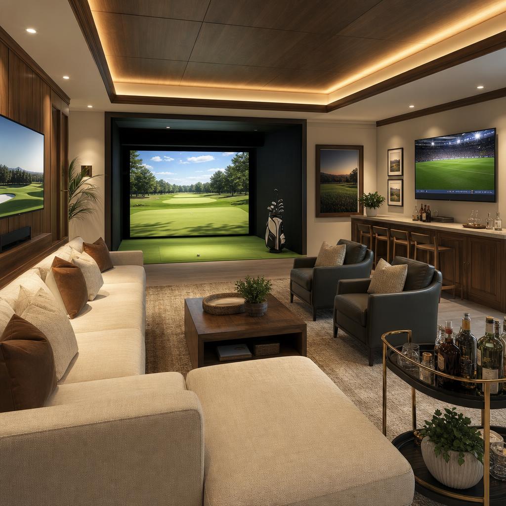 Golf simulator sports lounge with seating and multiple screens